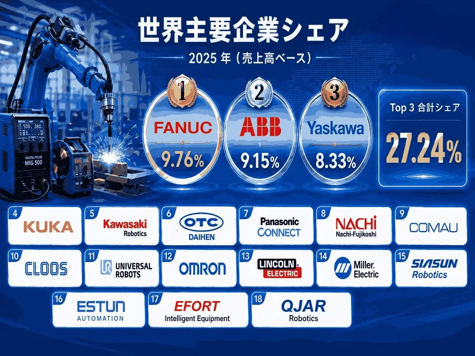 2025年売上高ベースの世界主要企業シェアランキング。ファナック、ABB、安川電機がトップ3（合計27.24%）。産業用ロボット・自動化分野の主要企業が一覧できる。